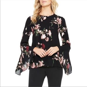 Vince Camuto bell sleeve round neck floral print on black pullover top